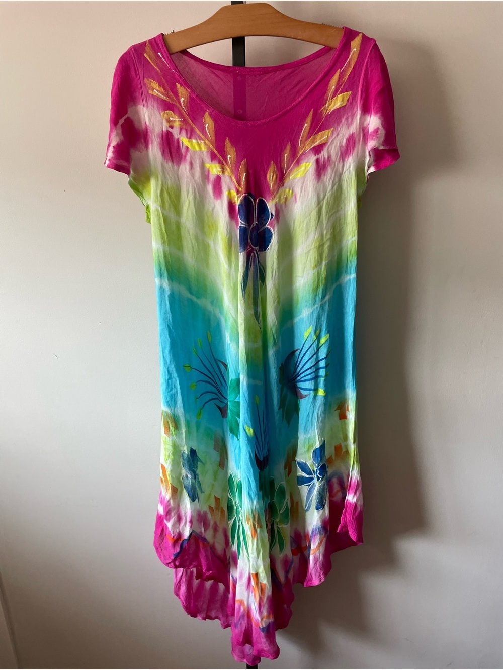 90s Y2K Vintage Tie Dye Hand Painted Rayon Dress Asymmetrical Hem Made in India